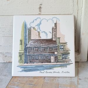Vintage Screencraft Paul Revere House Boston MA Ceramic Tile Trivet 1960s 1970s